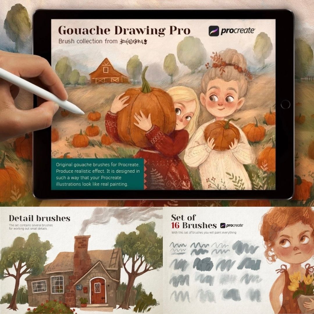 16 Gouache Drawing Pro Brush Set for Procreate