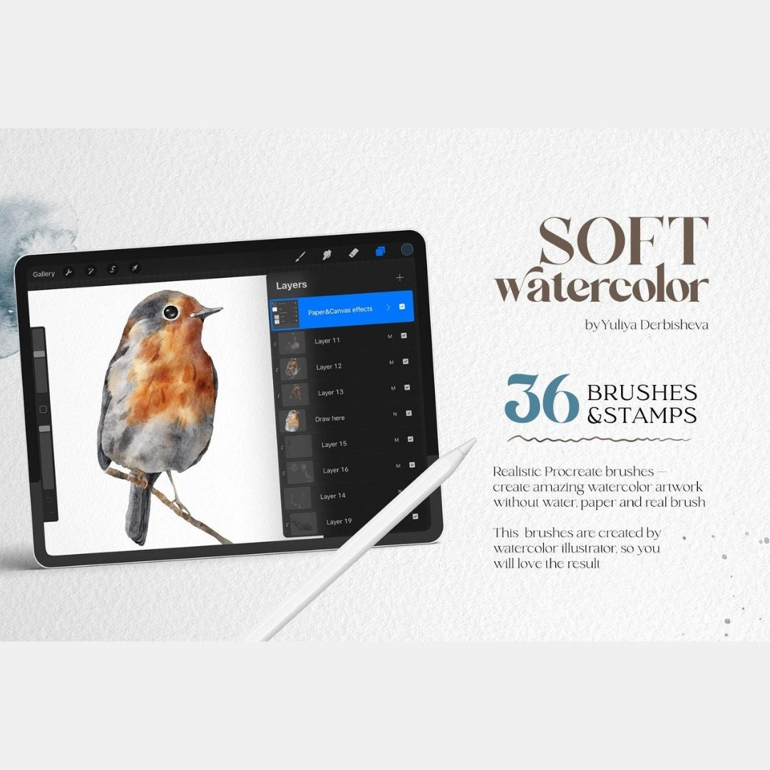 36 Soft Watercolor Brushes for Procreate